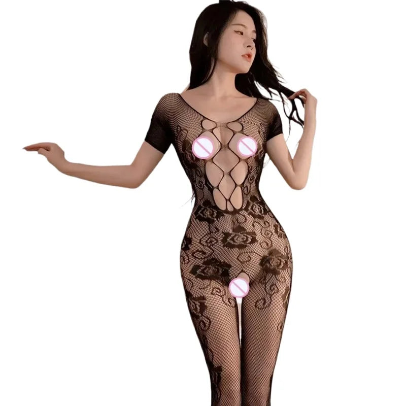 Bodystocking z siateczki z otwartym krokiem