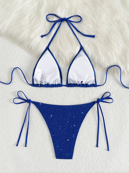 Błyszczące bikini z wiązaniem halter i wysokim krojem
