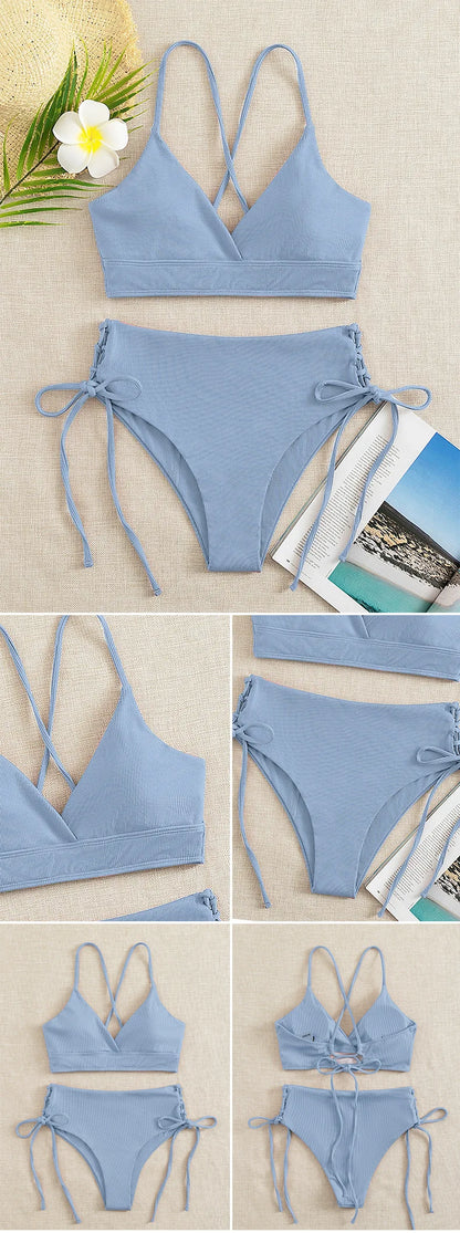 Dwuczęściowe bikini ze sznurowaniem i dekoltem V