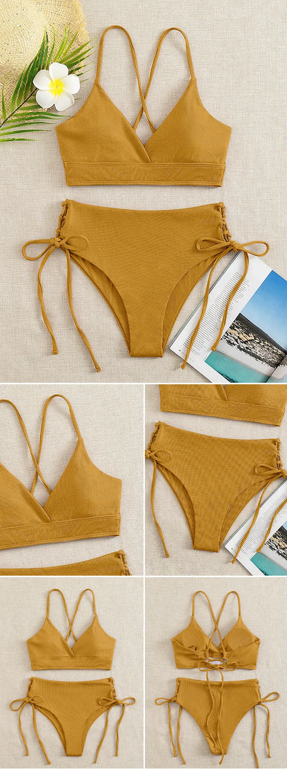 Dwuczęściowe bikini ze sznurowaniem i dekoltem V