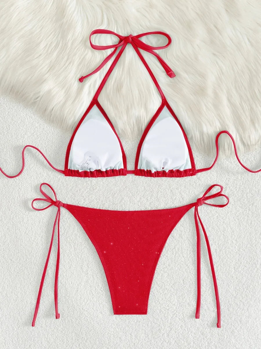 Błyszczące bikini z wiązaniem halter i wysokim krojem