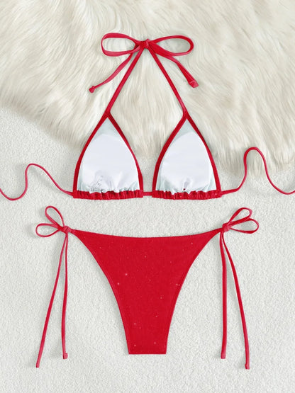 Błyszczące bikini z wiązaniem halter i wysokim krojem