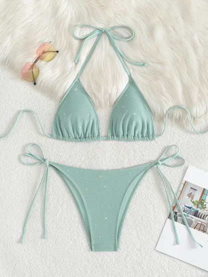 Błyszczące bikini z wiązaniem halter i wysokim krojem