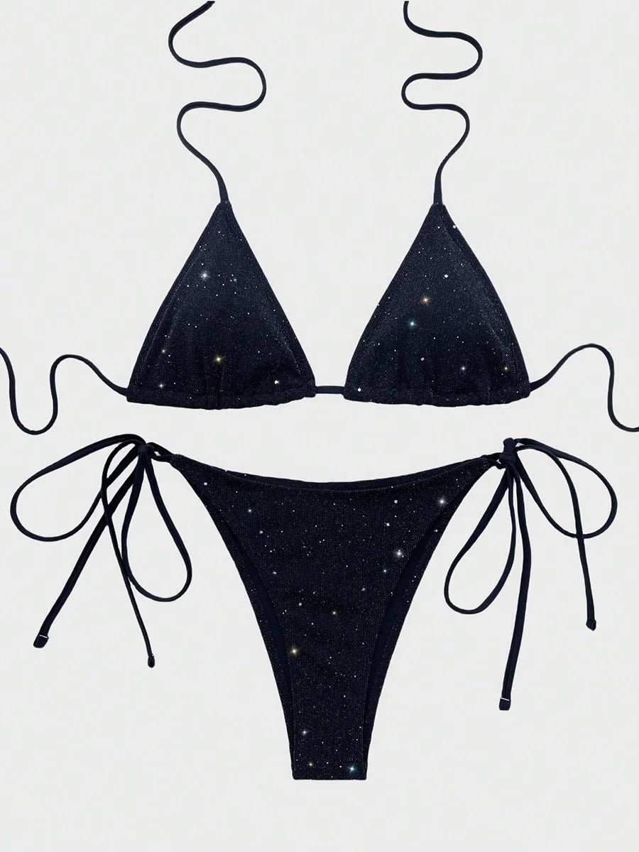 Błyszczące bikini z wiązaniem halter i wysokim krojem