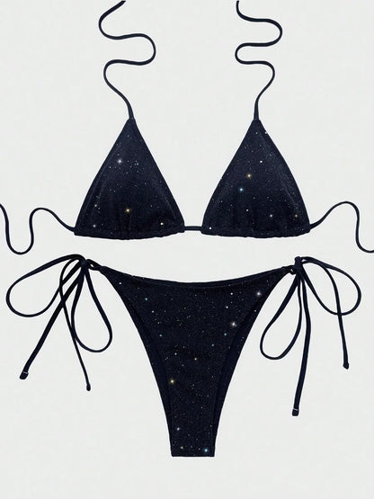 Błyszczące bikini z wiązaniem halter i wysokim krojem