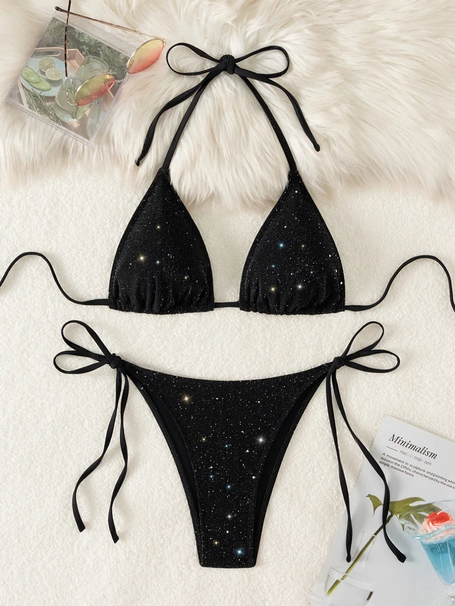 Błyszczące bikini z wiązaniem halter i wysokim krojem