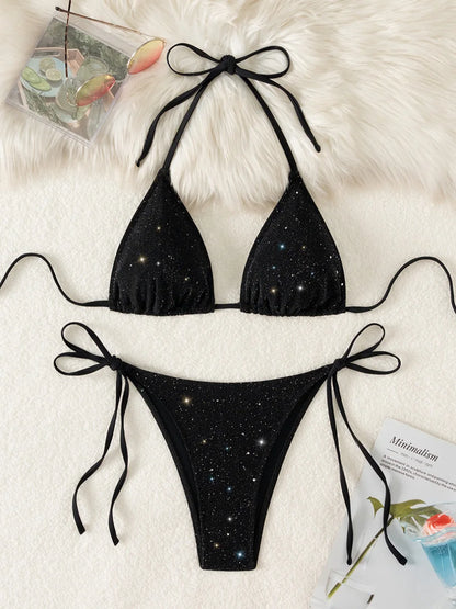 Błyszczące bikini z wiązaniem halter i wysokim krojem