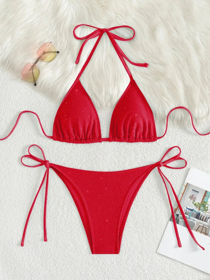 Błyszczące bikini z wiązaniem halter i wysokim krojem