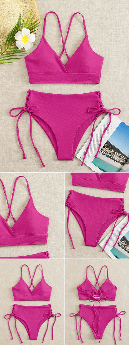 Dwuczęściowe bikini ze sznurowaniem i dekoltem V