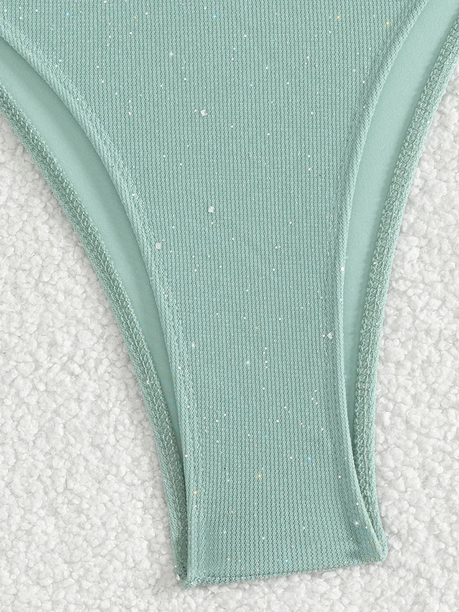 Błyszczące bikini z wiązaniem halter i wysokim krojem