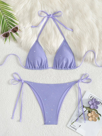 Błyszczące bikini z wiązaniem halter i wysokim krojem
