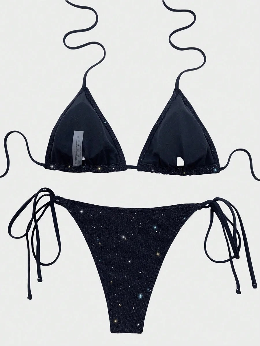 Błyszczące bikini z wiązaniem halter i wysokim krojem