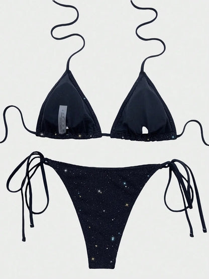 Błyszczące bikini z wiązaniem halter i wysokim krojem