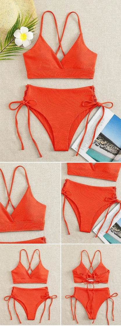 Dwuczęściowe bikini ze sznurowaniem i dekoltem V