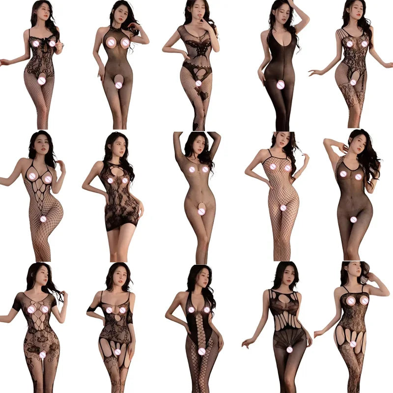 Bodystocking z siateczki z otwartym krokiem