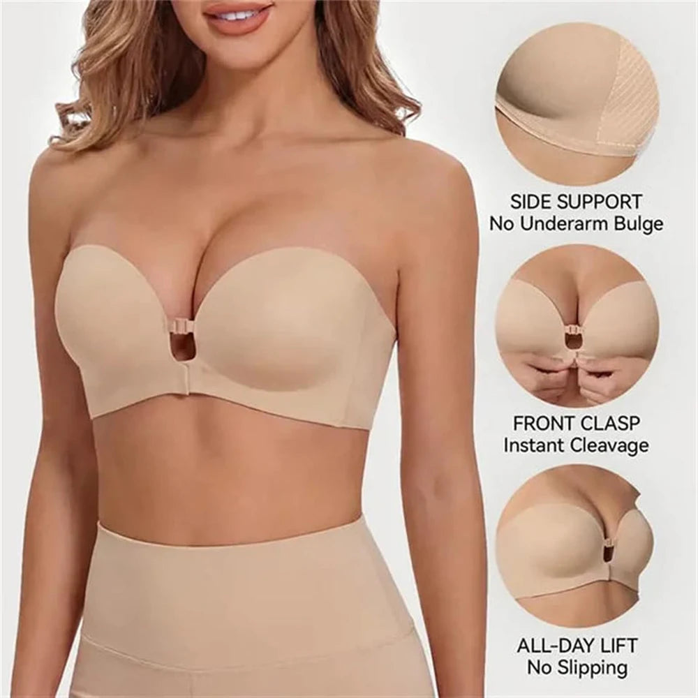 Biustonosz push-up bez ramiączek zapinany z przodu