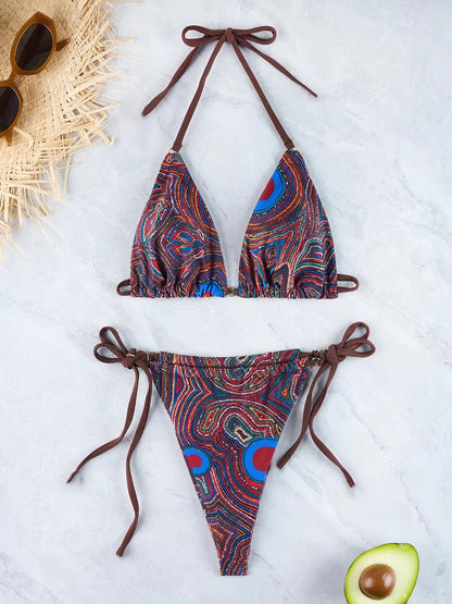 Dwuczęściowe bikini z nadrukiem i wiązaniem halter